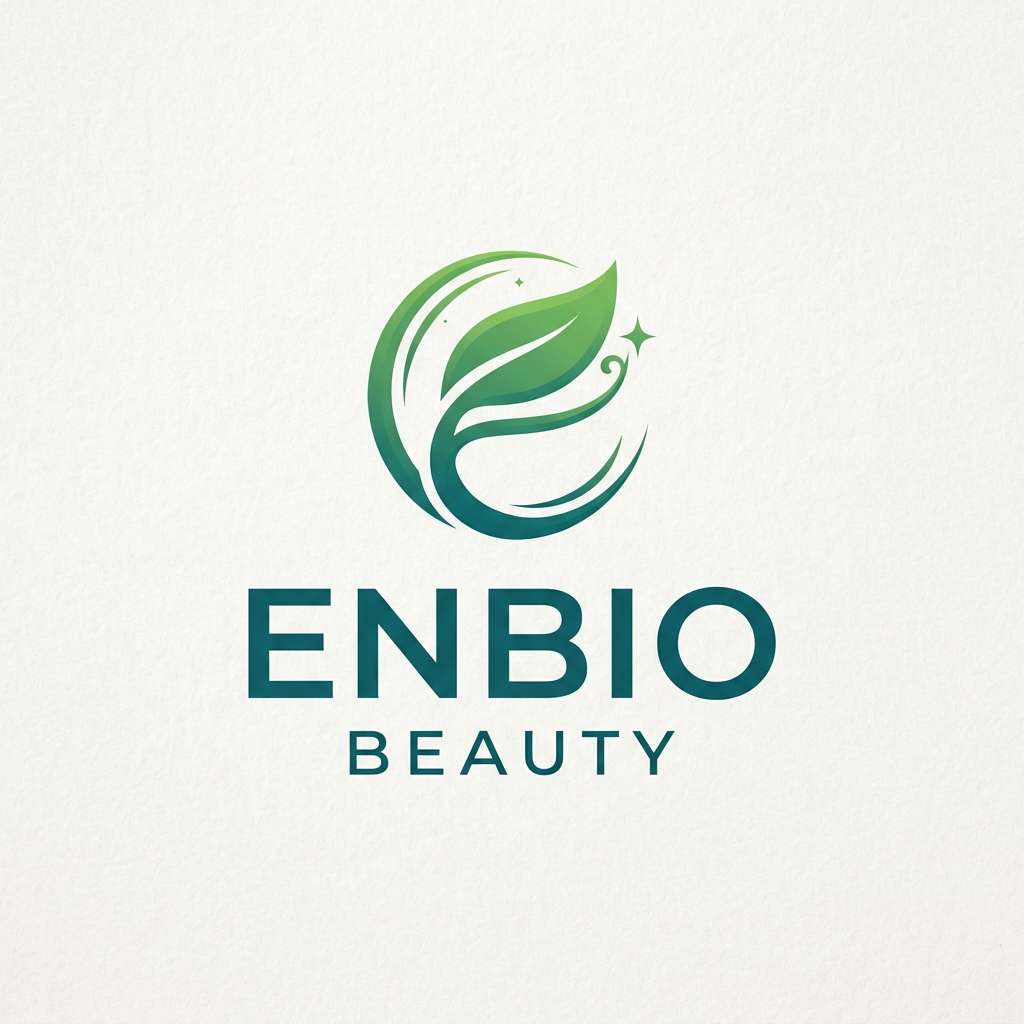 Green leaf with curved lines and sparkles above ENBIO Beauty text